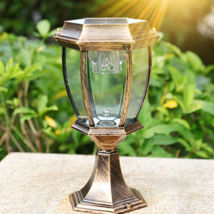 Lámpara de Poste Hexagonal de Techo Plano Impermeable Solar Tradicional Europea LED para Jardín Paisajístico al Aire Libre 