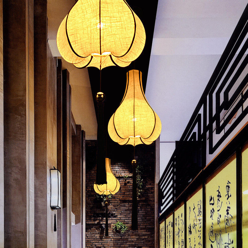 Retro Stoff 1-Licht Weißer Chinesischer Laternen-Pendelleuchte 