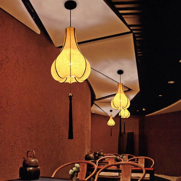 Retro Stoff 1-Licht Weißer Chinesischer Laternen-Pendelleuchte 
