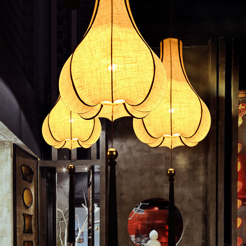 Retro Stoff 1-Licht Weißer Chinesischer Laternen-Pendelleuchte 