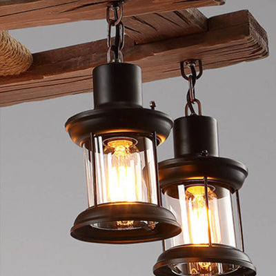 Lustres lanternes rétro en bois à 6 lumières 