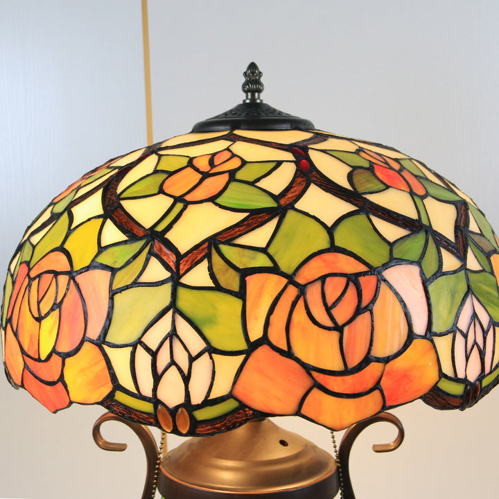 Traditional Tiffany Floral Stained Glass Iron Resin Round Pot 3-Light Table Lamp For Bedroom