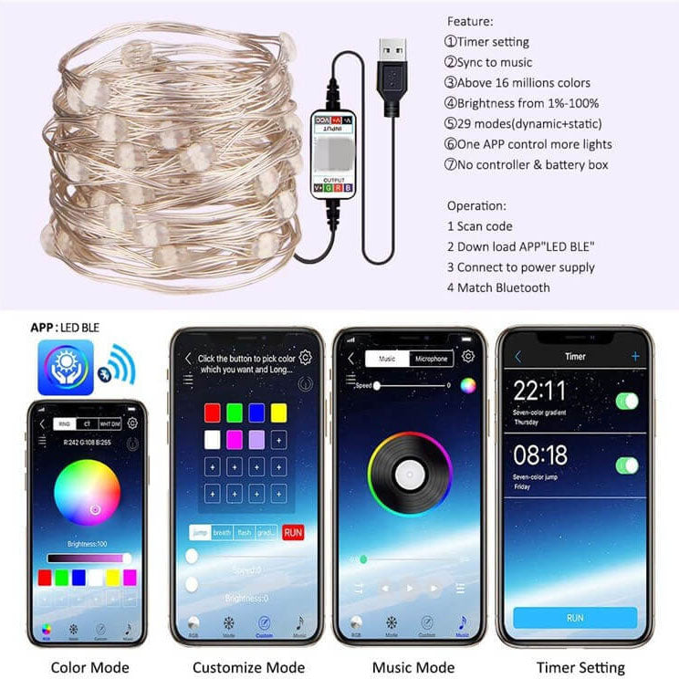 Smart Decorative String Lights Music USB Bluetooth App Copper Wire Decorative Lights