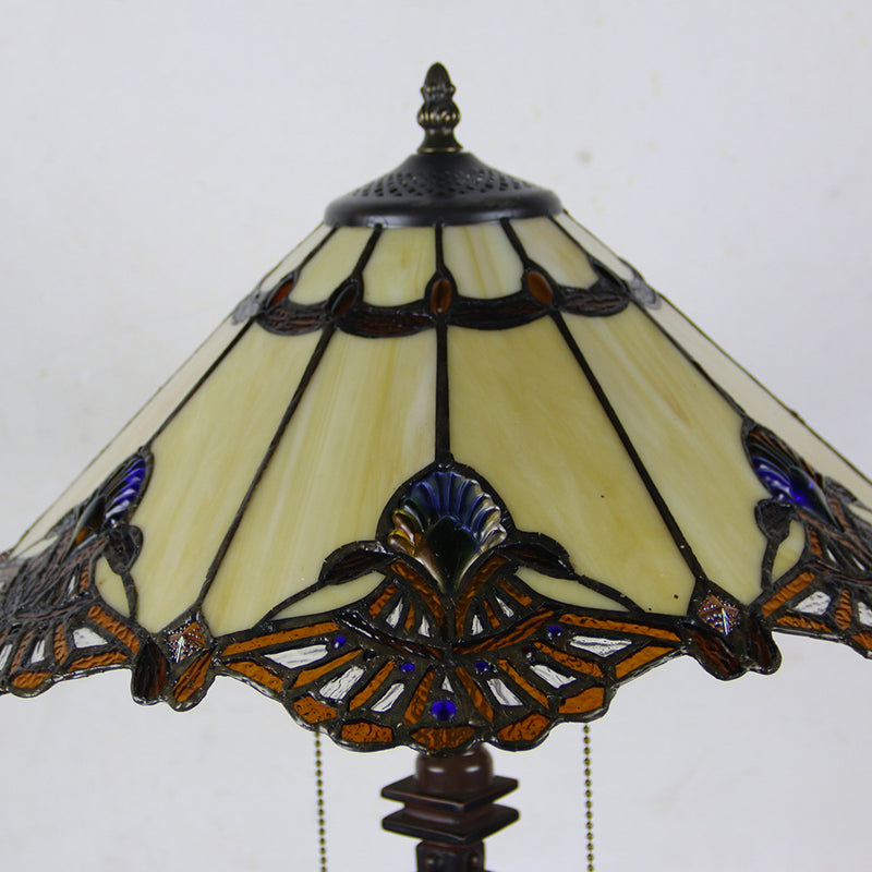 Lámpara de mesa de 2 luces con cordón de tiro en forma de cono de vidrio teñido estilo Tiffany Mediterráneo 