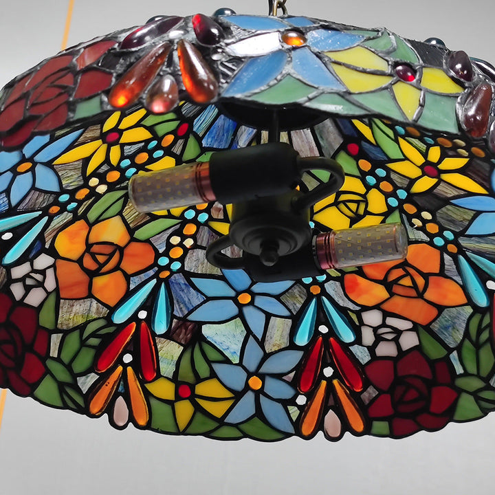 Traditioneller Tiffany-Dom-Wandglas-Rund-Dragonfly-Blumen-2-Licht-Kronleuchter für das Wohnzimmer 