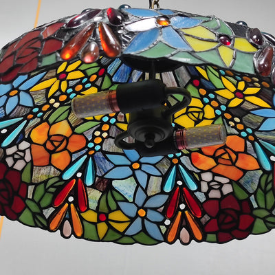 European Style Tiffany Dome Stained Glass Dragonfly Flower 2-Light Chandelier