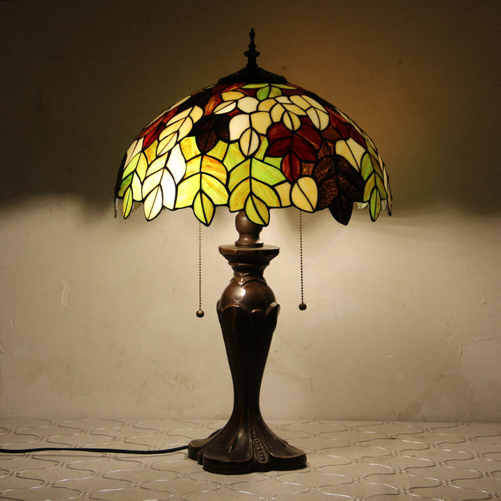 Lampe de table Tiffany avec fleur rétro européenne en verre teinté à 1 lumière avec cordon de tirage 
