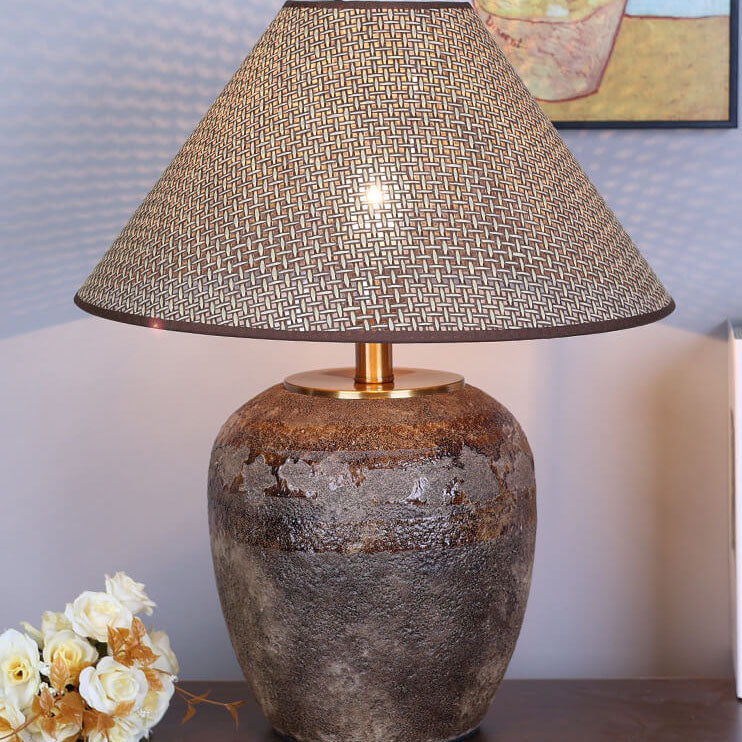 Chinesische Retro-Vase Basis Keramik Leinen 1-Licht Tischlampe 