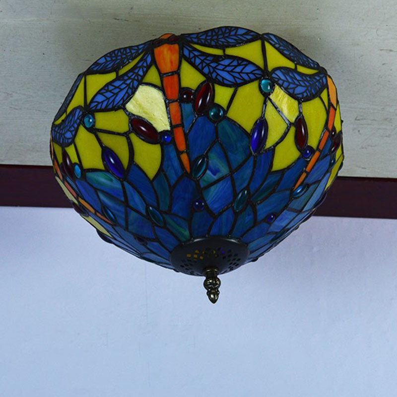 Vintage Tiffany Stained Glass Bowl 2-Light Semi-Flush Mount Ceiling Light