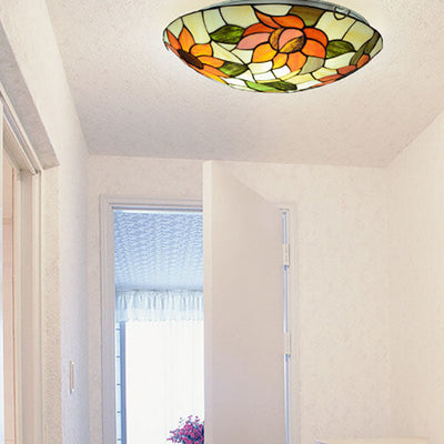 Vintage Tiffany Sunflower Round Stained Glass 2/3/4 Light Flush Mount Ceiling Light