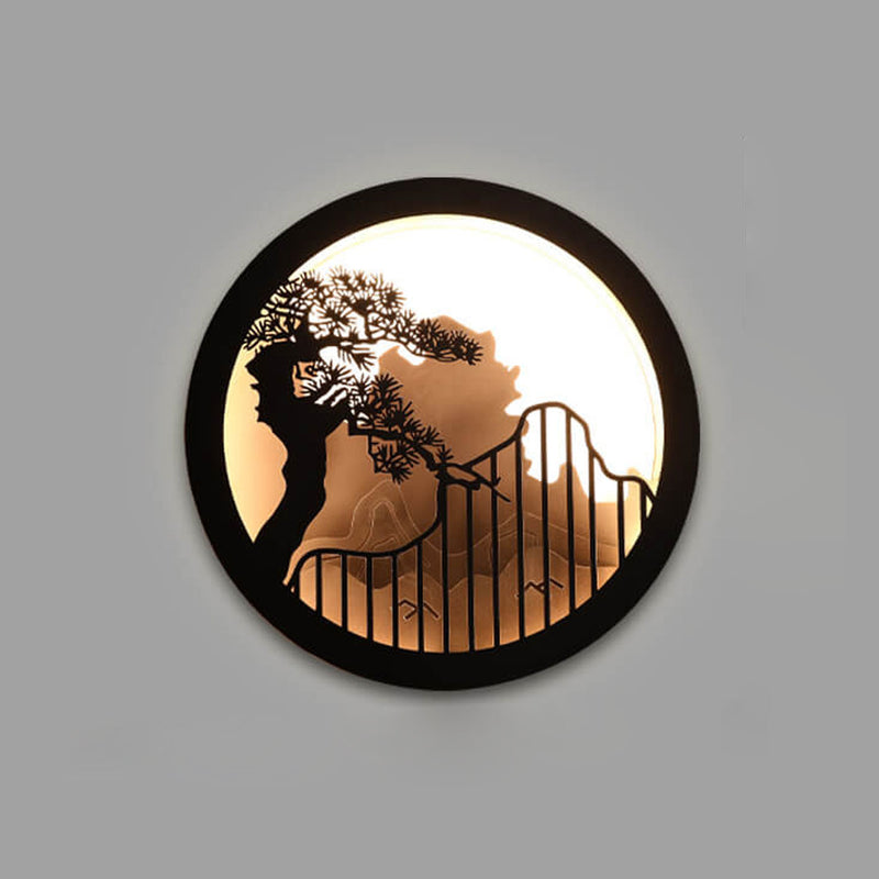 Applique murale LED extérieure ronde Zen paysage chinois moderne en pin 