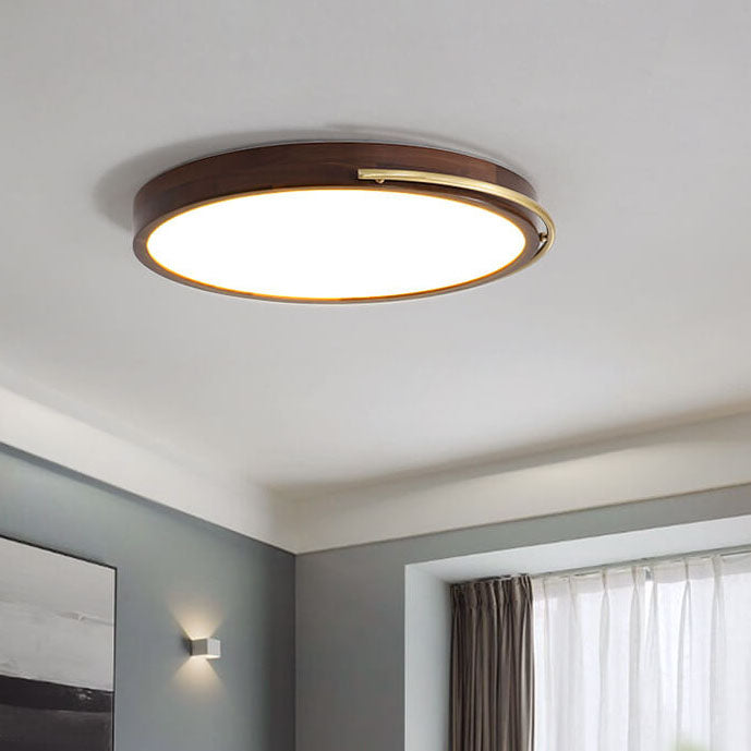 Modern Chinese Walnut Round Copper Ring LED Flush Mount Ceiling Light
