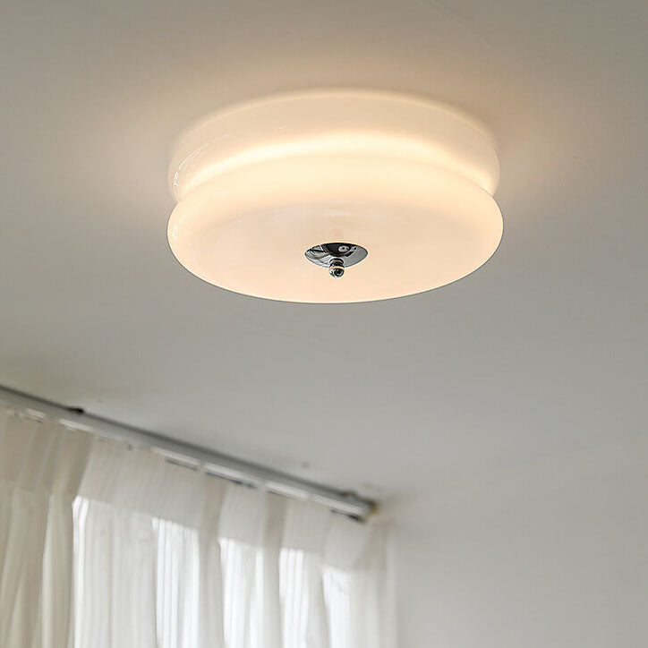 French Minimalist Cream Glass Round LED Flush Mount Ceiling Light