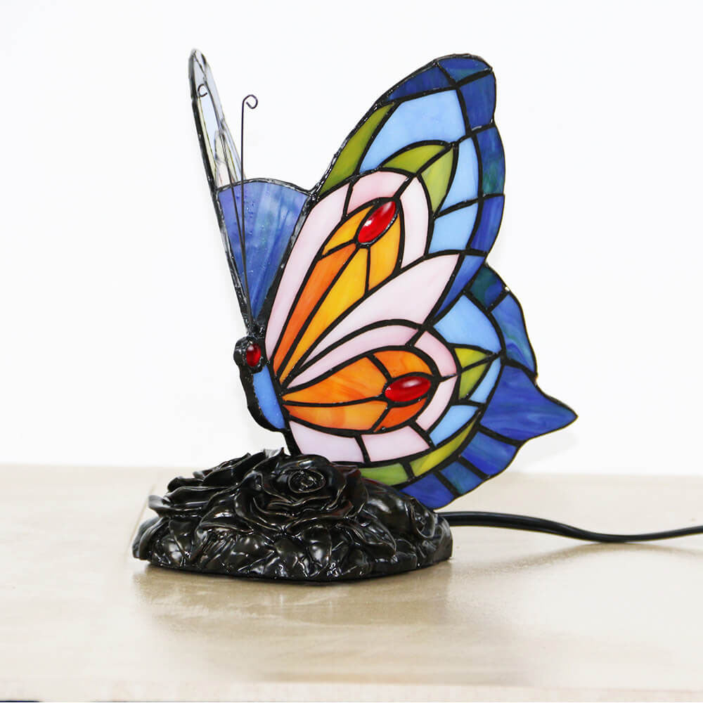 Traditionelle Tiffany-Glas-Harz-Schmetterlingsform Nachtlicht 1-flammige Tischlampe für Schlafzimmer &amp; Wohnzimmer 