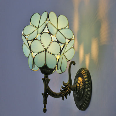 European Vintage Tiffany Flower Shaped Glass Metal 1-Light Wall Sconce Lamp