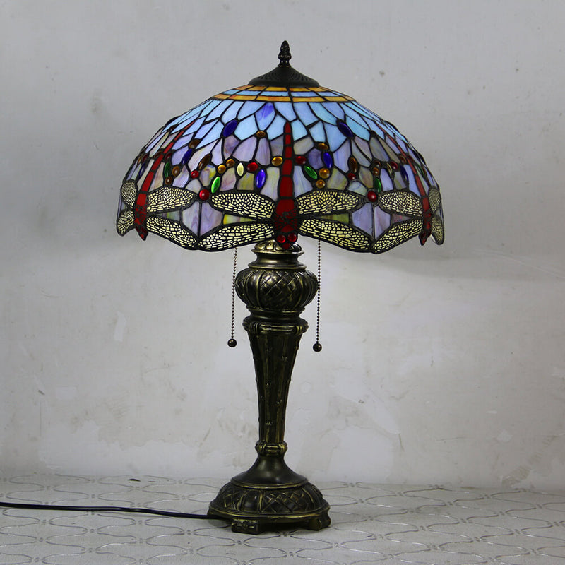 European Vintage Tiffany Dragonfly Peacock Glass Resin 1-Light Table Lamp