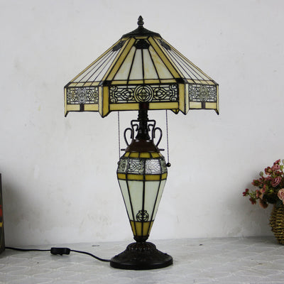 Lampe de table européenne à 2 lumières en forme de dôme hexagonal en vitrail Tiffany 