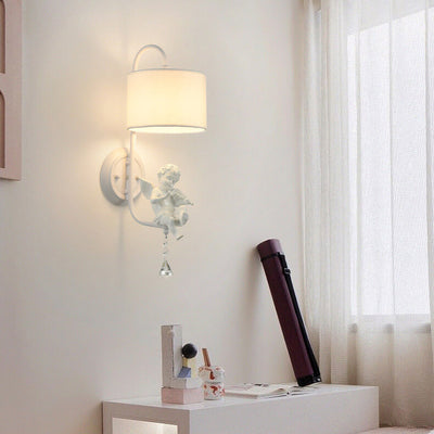 French Cream Angel Iron Crystal Resin Fabric 1-Light Wall Sconce Lamp