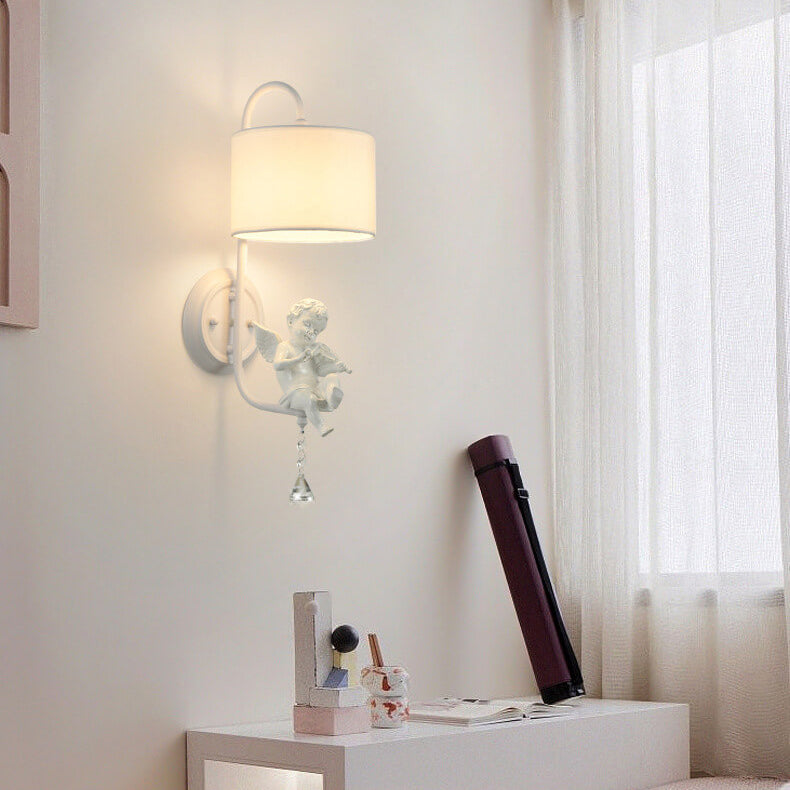 French Cream Angel Iron Crystal Resin Fabric 1-Light Wall Sconce Lamp