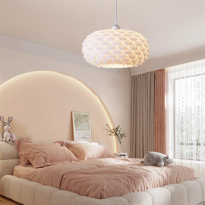 Contemporary Creative Cream Pine Cone Round Iron PVC Dome 1-Light Pendant Light For Living Room
