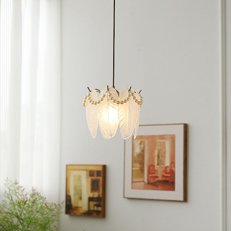 Traditional French Feather Pearl Petal Hardware Glass 1-Light Pendant Light For Bedroom