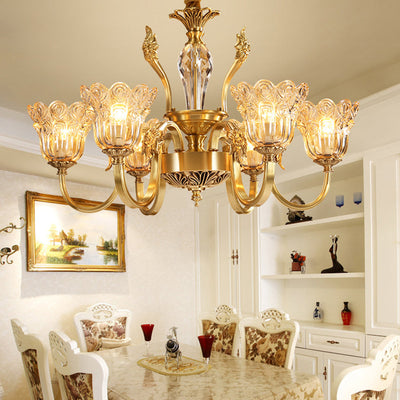 Cadre doré traditionnel français Finition cadre floral Abat-jour en verre Lustre 6/8 lumières pour salon 