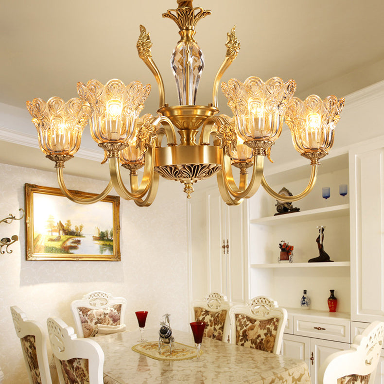 Cadre doré traditionnel français Finition cadre floral Abat-jour en verre Lustre 6/8 lumières pour salon 