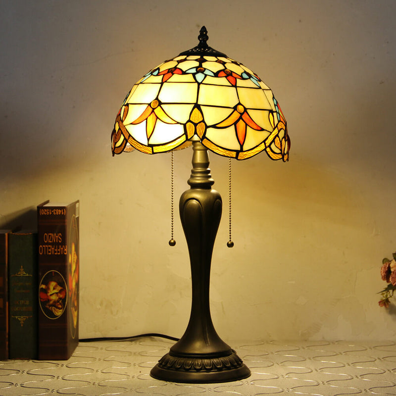 Vintage Tiffany Baroque Stained Glass Dome Pull Cord 1-Light Table Lamp