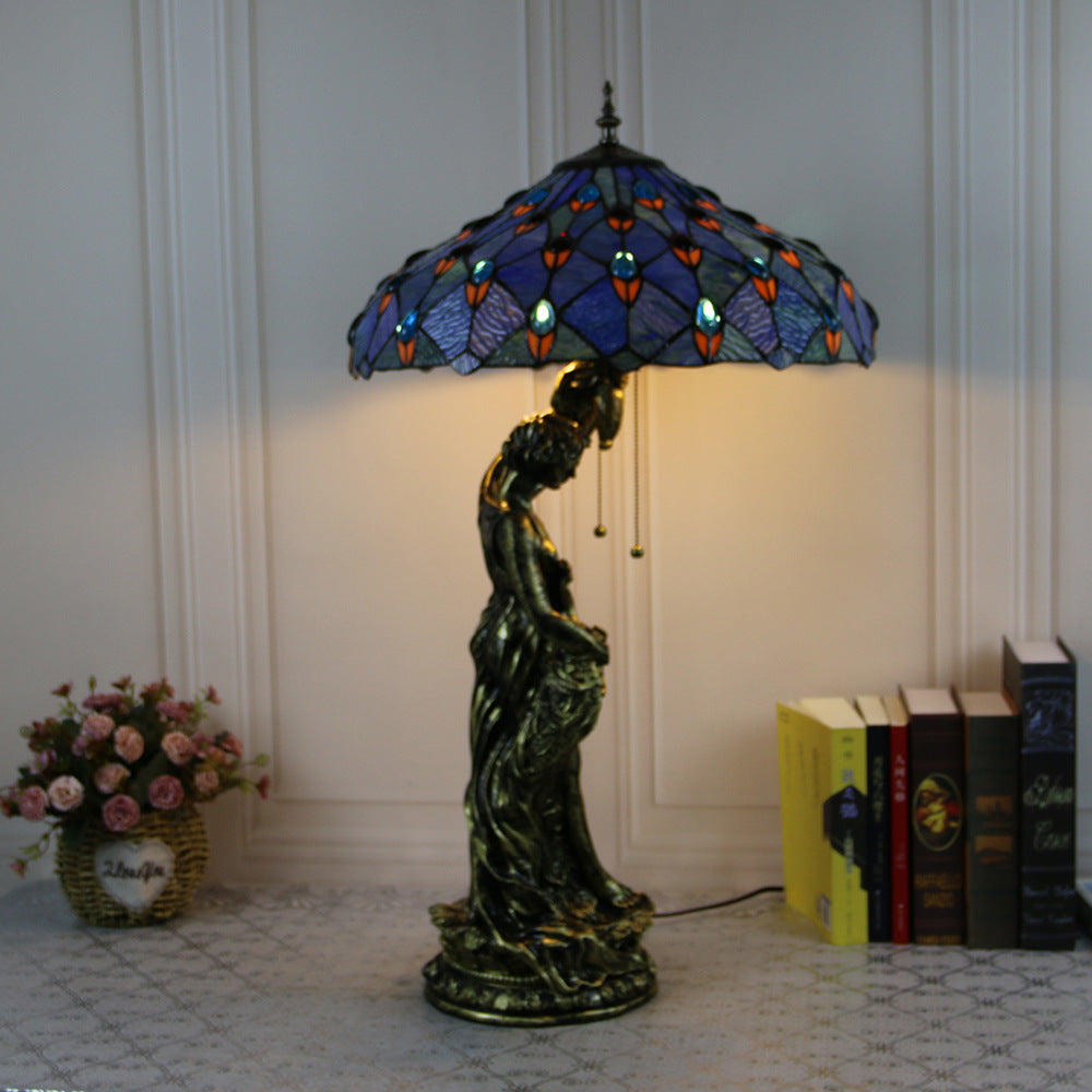 Lampe de table à 2 lumières avec base en résine et beauté en verre teinté Tiffany vintage 
