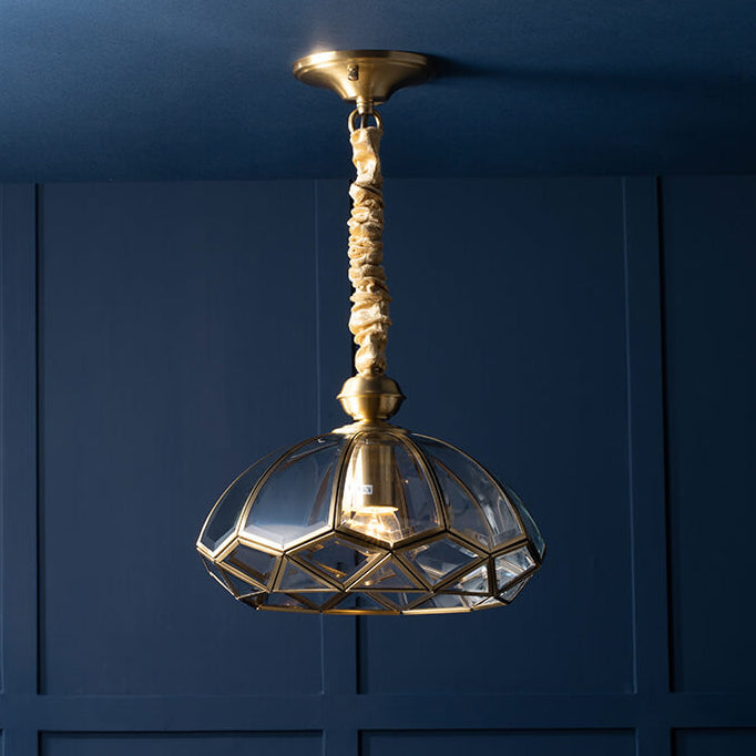 European Brass Glass Dome 1-Light Pendant Ceiling Light