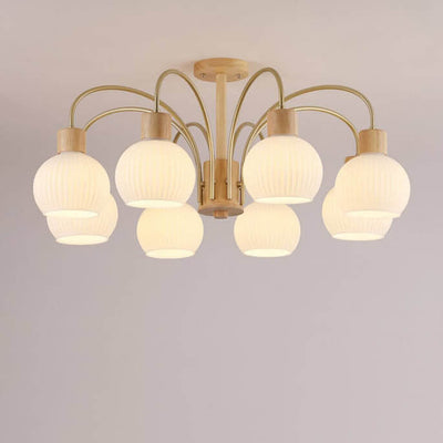 Modern Cream Round Lantern Iron Solid Wood Glass 6/8 Light Chandelier