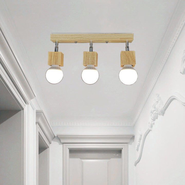 Modern Minimalist Ash Wood Iron Square 1/3-Light Flush Mount Ceiling Light For Living Room