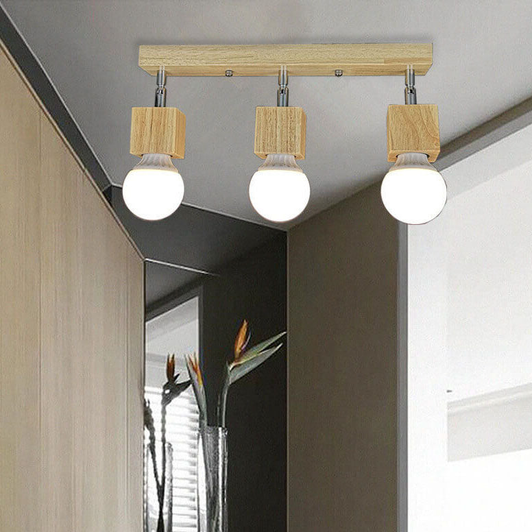 Modern Minimalist Ash Wood Iron Square 1/3-Light Flush Mount Ceiling Light For Living Room