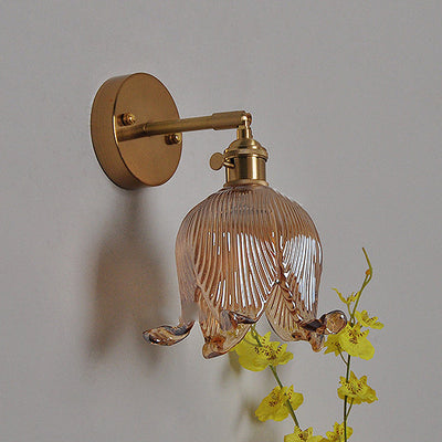 Vintage Japanese Brass Glass Bell Flower 1-Light Wall Sconce Lamp