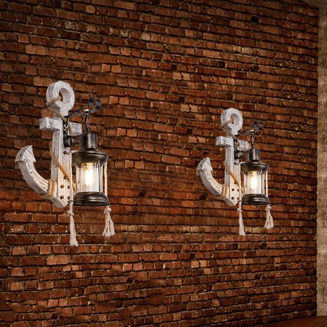 Aplique de pared de 1 luz con ancla de barco vintage industrial de madera maciza 