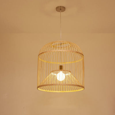 Moderne chinesische Bambusgeflecht-Vogelkäfig 1-Licht Pendelleuchte 