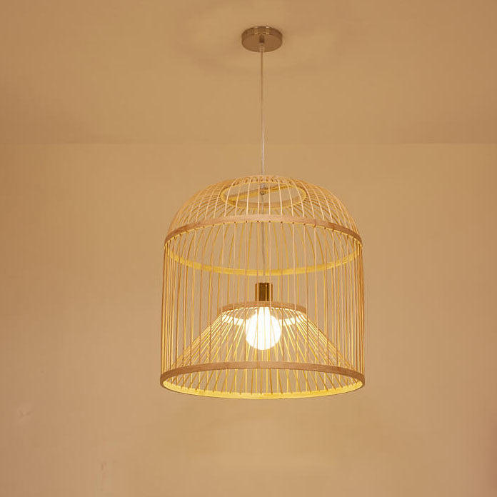 Moderne chinesische Bambusgeflecht-Vogelkäfig 1-Licht Pendelleuchte 