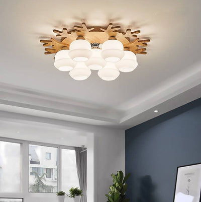 Nordic Solid Wood Antler Frosted Glass Round Shade 3/5/7 Light Flush Mount Ceiling Light