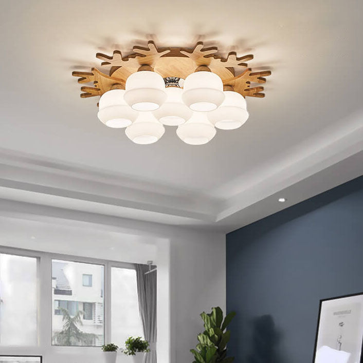 Nordic Solid Wood Antler Frosted Glass Round Shade 3/5/7 Light Flush Mount Ceiling Light