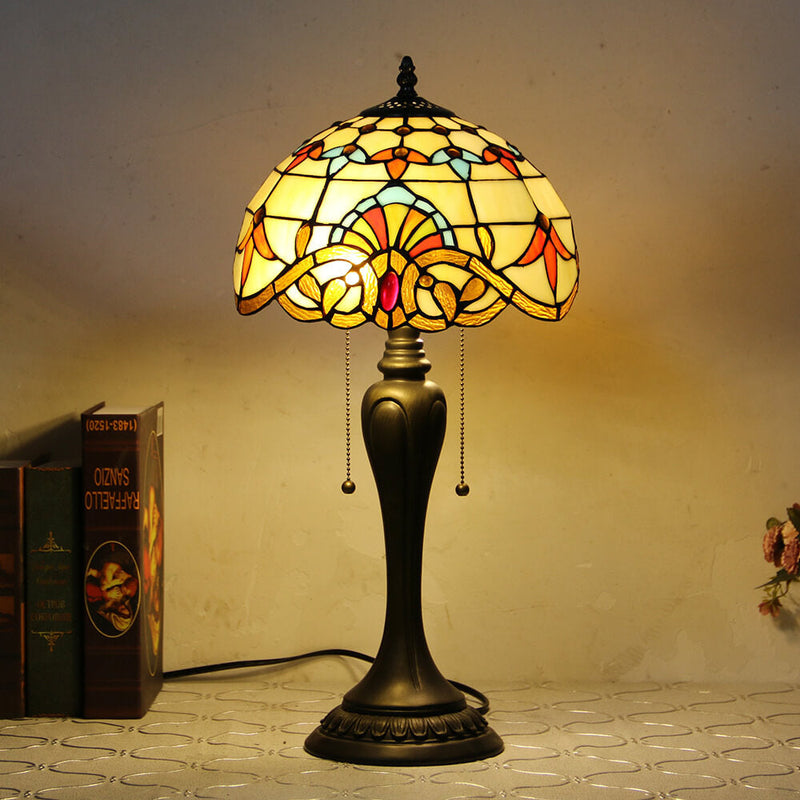 Vintage Tiffany Baroque Stained Glass Dome Pull Cord 1-Light Table Lamp