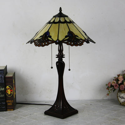 Lámpara de mesa de 2 luces con cordón de tiro en forma de cono de vidrio teñido estilo Tiffany Mediterráneo 
