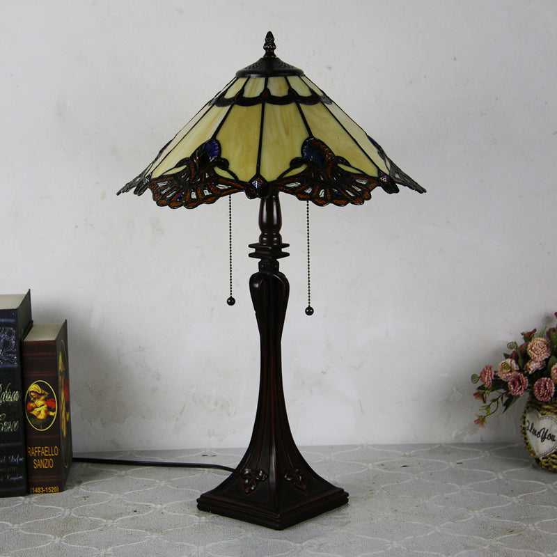 Lámpara de mesa de 2 luces con cordón de tiro en forma de cono de vidrio teñido estilo Tiffany Mediterráneo 