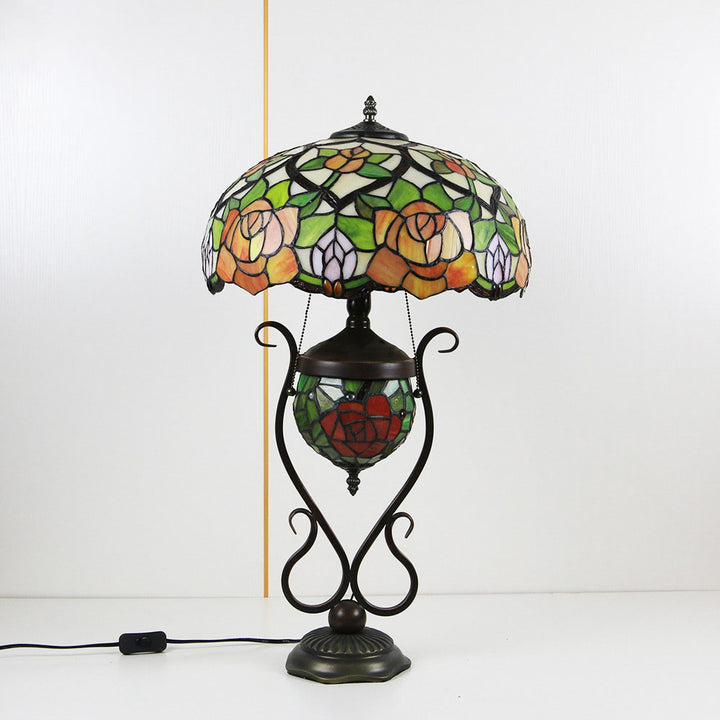 Traditional Tiffany Floral Stained Glass Iron Resin Round Pot 3-Light Table Lamp For Bedroom