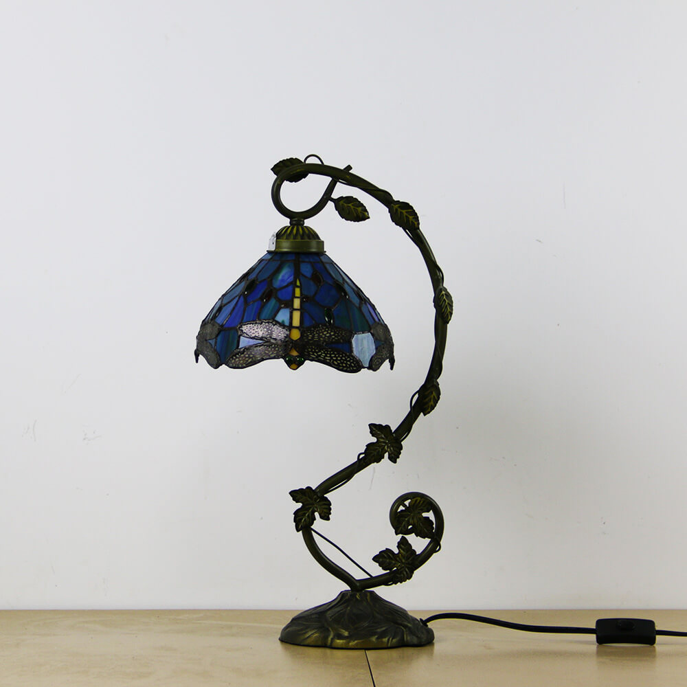 Traditional European Dragonfly Stained Glass Resin Vine 1-Light Table Lamp for Bedroom