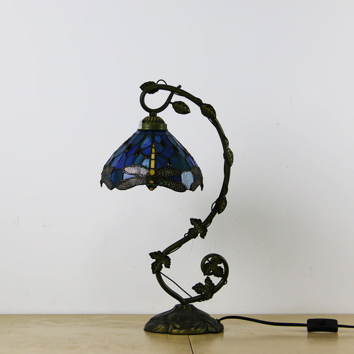 Traditional European Dragonfly Stained Glass Resin Vine 1-Light Table Lamp for Bedroom