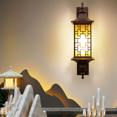 Outdoor Chinese Square Lantern Cage Waterproof 1-Light Wall Sconce Lamp