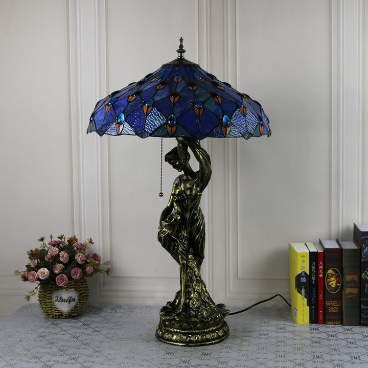 Lampe de table à 2 lumières avec base en résine et beauté en verre teinté Tiffany vintage 
