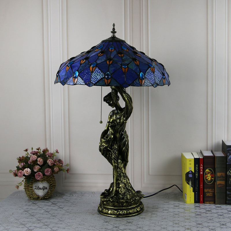 Vintage Tiffany Stained Glass Beauty Resin Base 2-Light Table Lamp