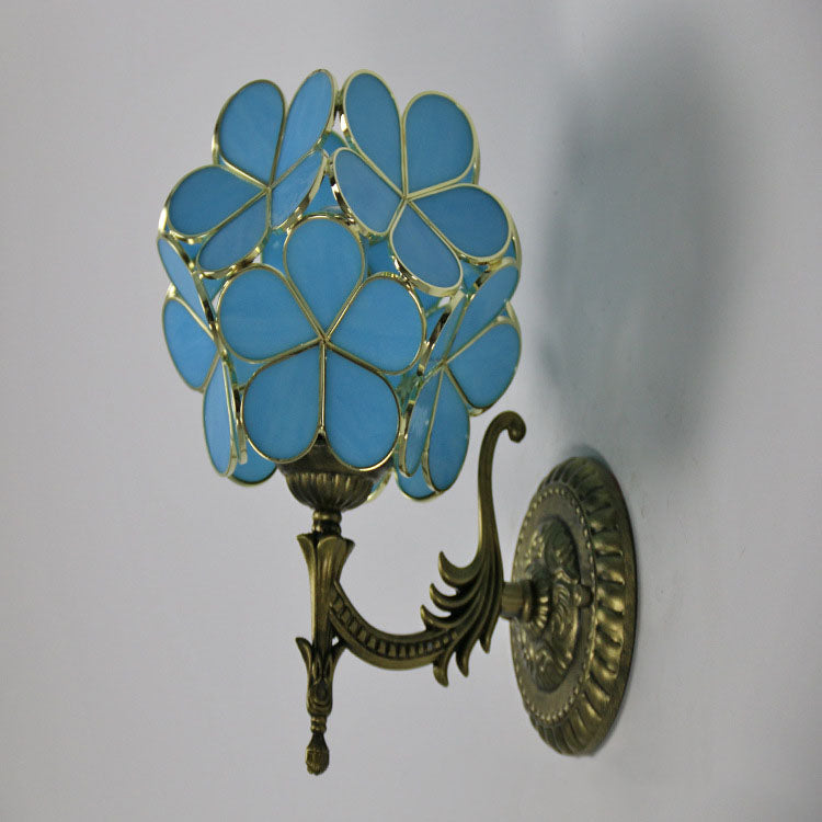 European Vintage Tiffany Flower Shaped Glass Metal 1-Light Wall Sconce Lamp