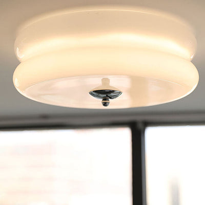 French Minimalist Cream Glass Round LED Flush Mount Ceiling Light